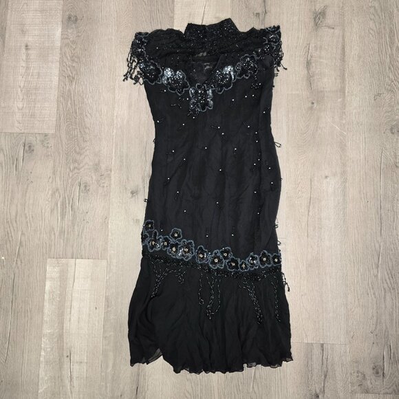Vintage Silk Beaded Evening Gown By Gene Roye Size 6 Black With Floral Embellish - Picture 5 of 13